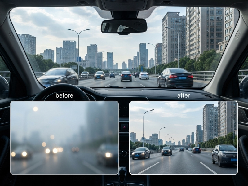 Auto wipes removing fog from a car windshield Clearer Glass in Foggy Conditions