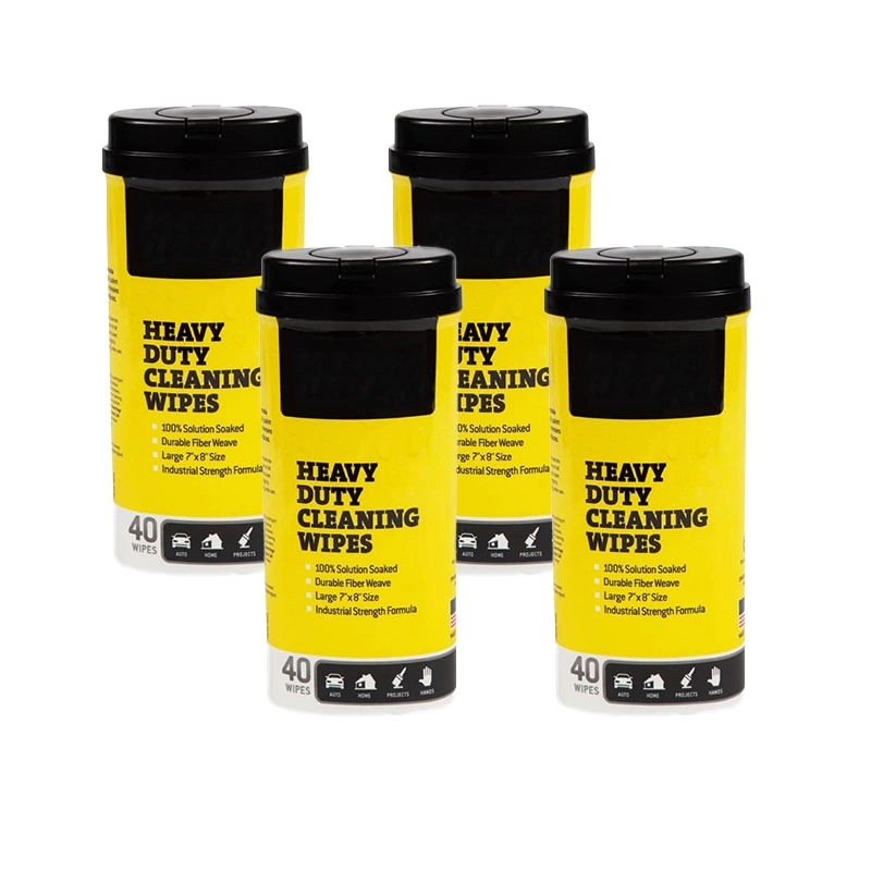 Four containers of heavy-duty cleaning wipes, perfect for industrial strength cleaning tasks.