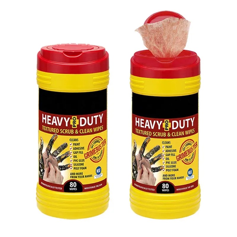 Two containers of heavy-duty textured scrub and clean wipes, ideal for tough cleaning tasks.