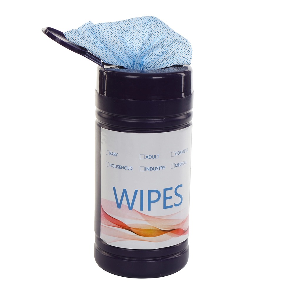 A container of versatile wipes suitable for baby, adult, and household use, emphasizing practicality.